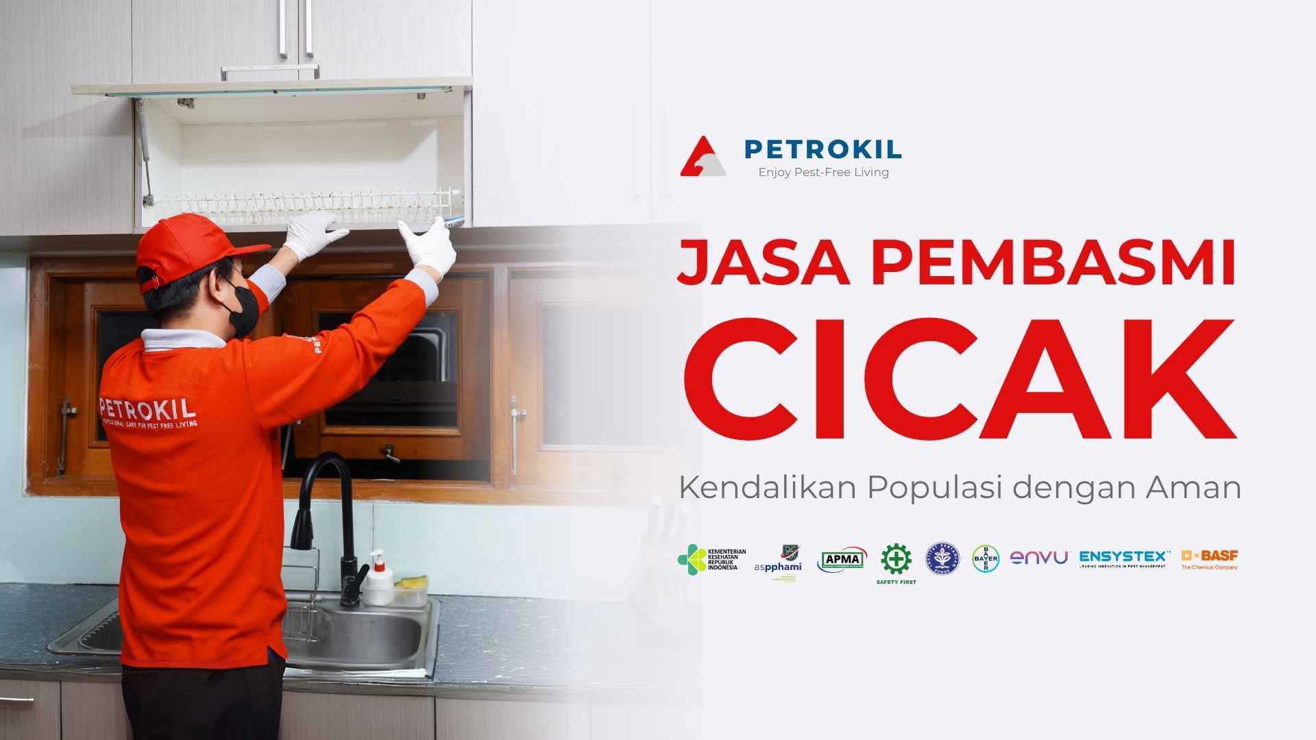 Teknisi Petrokil sedang melakukan jasa basmi cicak profesional di rumah pelanggan menggunakan peralatan pest control modern.