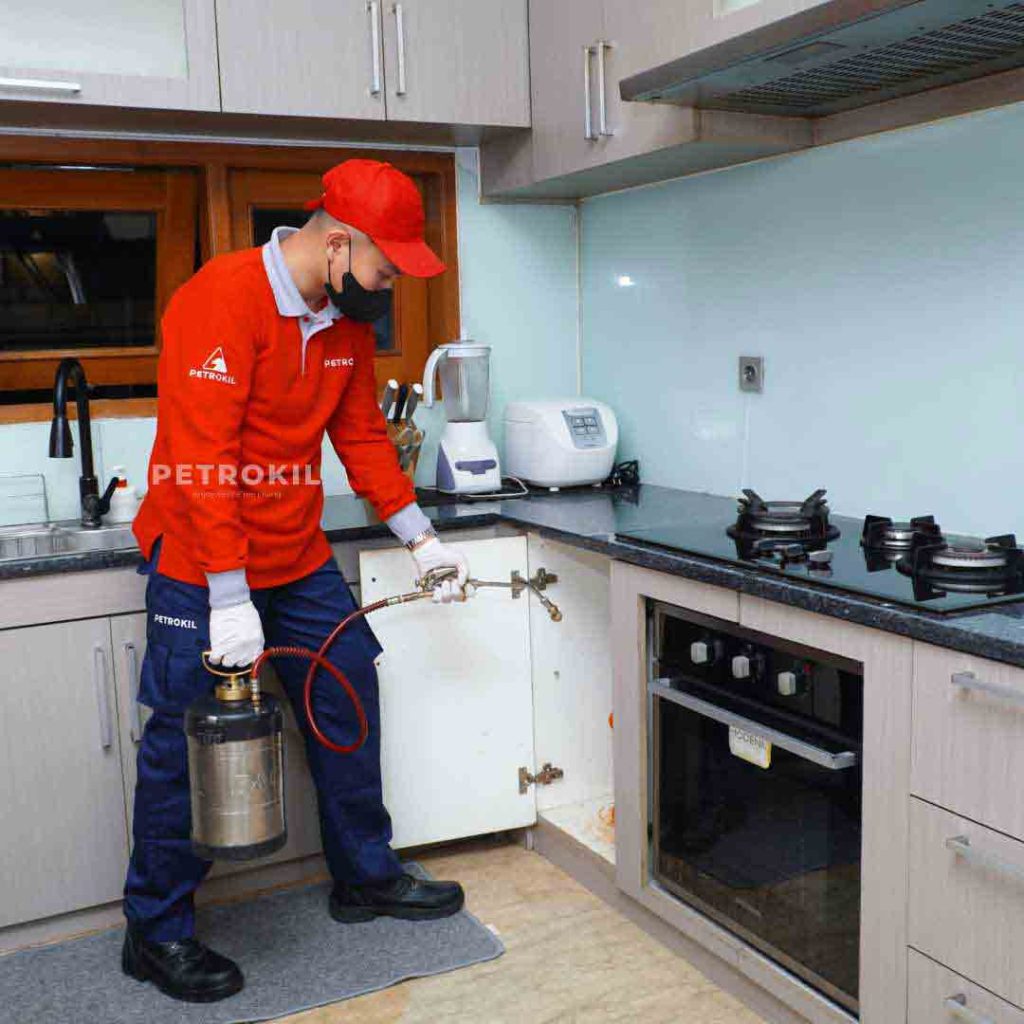 Jasa Anti Rayap & Pest Control | Chemical Kualitas Jerman - Australia 49 Teknisi Petrokil sedang melakukan spot spraying pada area rawan sarang serangga dalam layanan jasa pembasmi kecoa Petrokil.