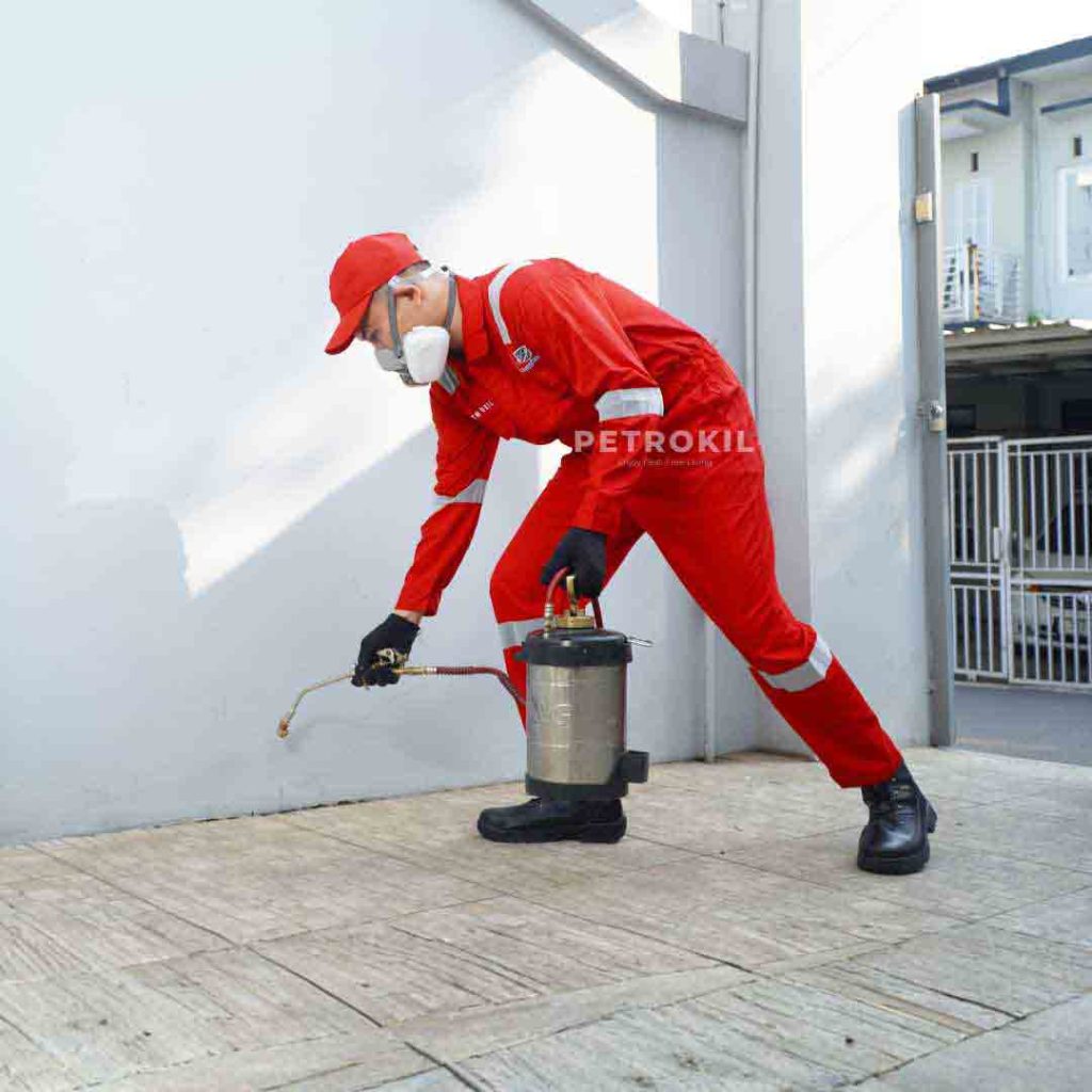 Jasa Anti Rayap & Pest Control | Chemical Kualitas Jerman - Australia 59 Teknisi Petrokil sedang melakukan spot spraying outdoor sebagai bagian dari layanan jasa pembasmi lalat profesional